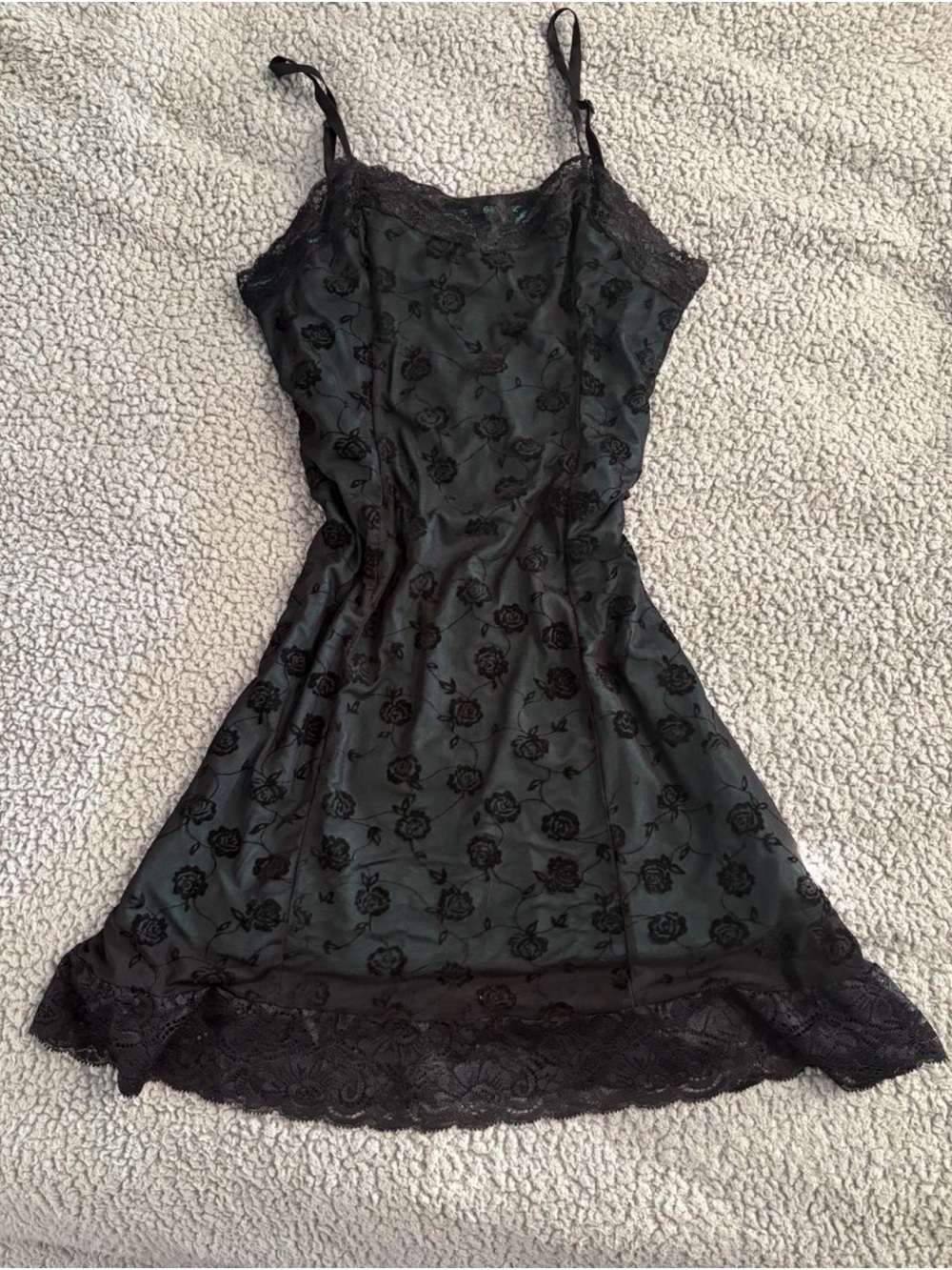 Black Floral Velvet-Striped Lace Slip Midi Dress